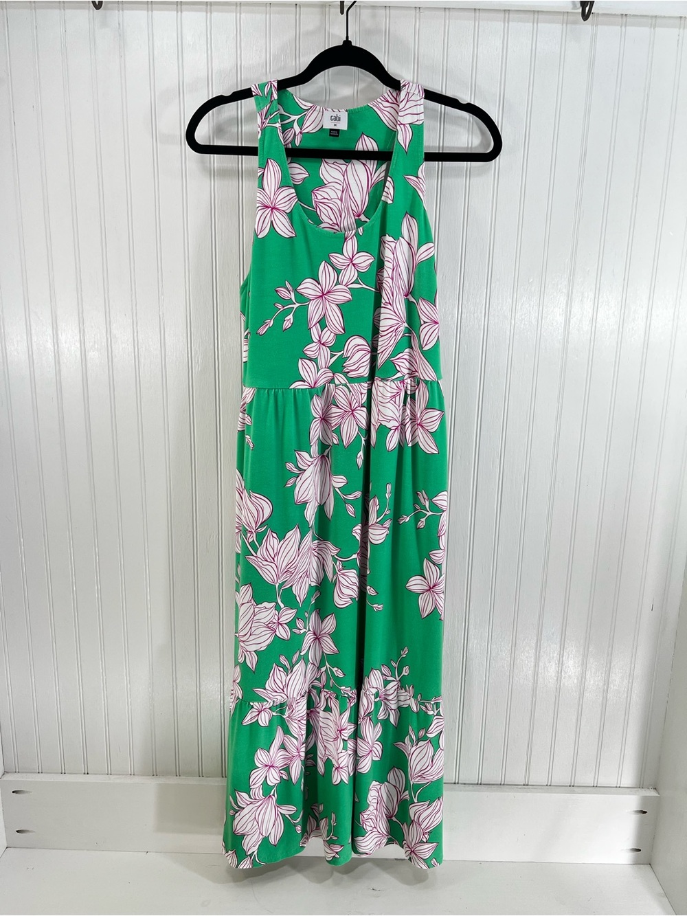Cabi Weekend Dress 6217 Green Pink Floral Print Tiered Midi Dress Size M